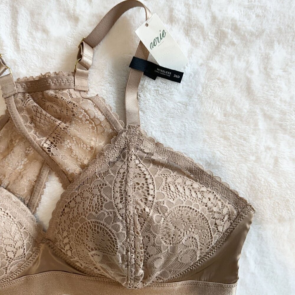 NWT Aerie Nude Cream Real Power Wireless Push Up Paisley Lace Bra - 36D - Picture 3 of 7